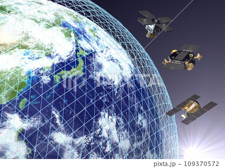 地球を周回する日本や世界の人工衛星の軌道と太陽(3DCGイメージ) 109370572