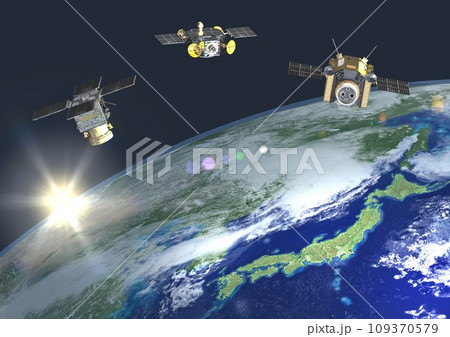 地球を周回する日本や世界の人工衛星(3DCGイメージ)太陽アリ 109370579