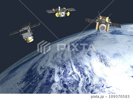 地球を周回する日本や世界の人工衛星(3DCGイメージ)太陽ナシ 地球を周回する日本や世界の人工衛星(3DCGイメージ)太陽ナシ 109370583