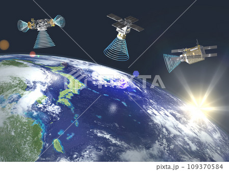 地球を周回する日本や世界の人工衛星との交信イメージ(3DCG)太陽アリ 109370584