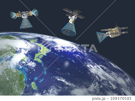 地球を周回する日本や世界の人工衛星との交信イメージ(3DCG)太陽ナシ 109370585
