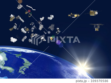 日本や世界の人工衛星とスペースデブリ(3DCGイメージ)太陽アリ 109370586