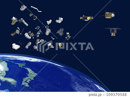 日本や世界の人工衛星とスペースデブリ(3DCGイメージ)太陽ナシ 109370588