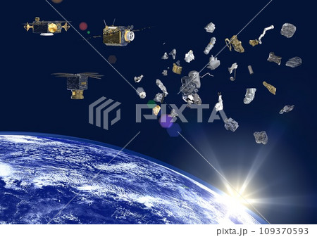 日本や世界の人工衛星とスペースデブリ(3DCGイメージ)太陽アリ 日本や世界の人工衛星とスペースデブリ(3DCGイメージ)太陽アリ 109370593