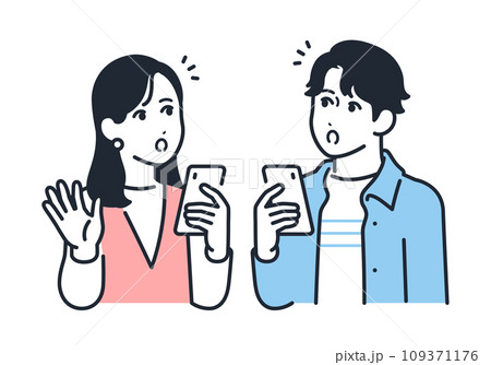 スマートフォン持って驚く若い男女のシンプルなベクターイラスト素材 109371176