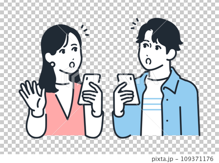 スマートフォン持って驚く若い男女のシンプルなベクターイラスト素材 109371176