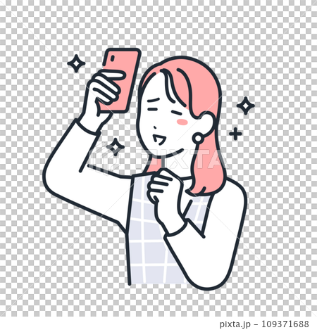A simple vector illustration of a stylish young woman who is happy holding up her smartphone. 109371688