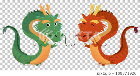 Full-body illustration of two dragons facing each other and smiling at you Full-body illustration of two dragons facing each other and smiling at you 109371920