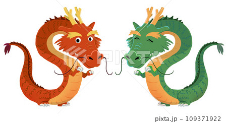 向かい合い、こちらに笑顔を向ける2匹の辰（竜）の全身イラスト 109371922