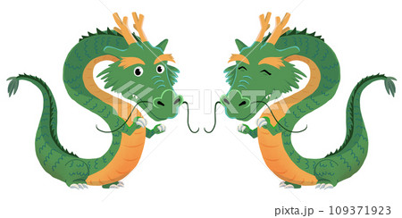 向かい合い、こちらに笑顔を向ける2匹の辰(竜)の全身イラスト 向かい合い、こちらに笑顔を向ける2匹の辰(竜)の全身イラスト 109371923