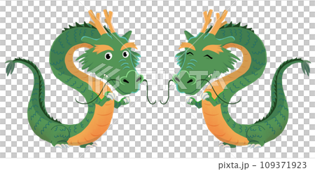 向かい合い、こちらに笑顔を向ける2匹の辰(竜)の全身イラスト 向かい合い、こちらに笑顔を向ける2匹の辰(竜)の全身イラスト 109371923