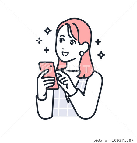 スマートフォンを持って期待するおしゃれな若い女性のシンプルなベクターイラスト素材 109371987