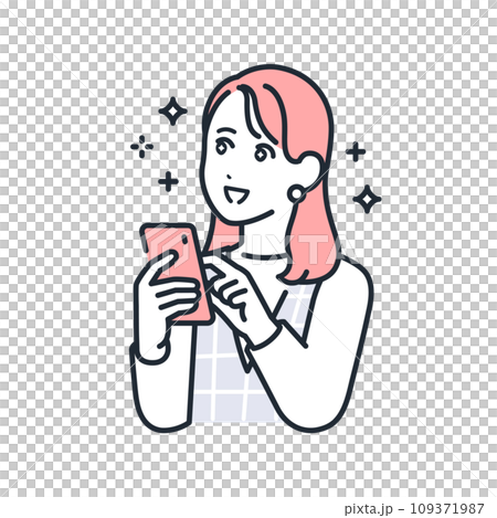 スマートフォンを持って期待するおしゃれな若い女性のシンプルなベクターイラスト素材 109371987