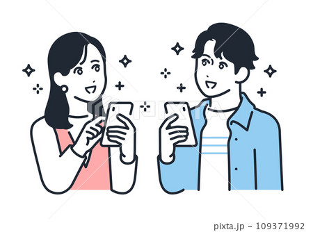 スマートフォンを持って目を輝かせる若い男女のシンプルなベクターイラスト素材 109371992