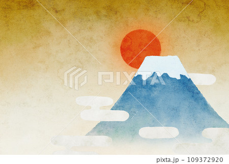 富士山に朝日が昇る水彩画イラスト、年賀状、正月、新年、謹賀新年、和柄、日本に最適 富士山に朝日が昇る水彩画イラスト、年賀状、正月、新年、謹賀新年、和柄、日本に最適 109372920