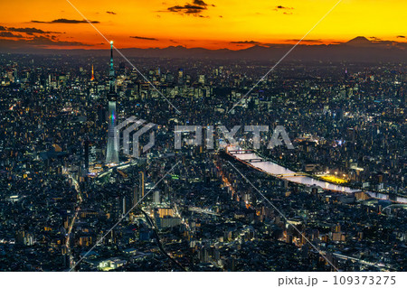 スカイツリーと富士山の見える東京夕景 109373275