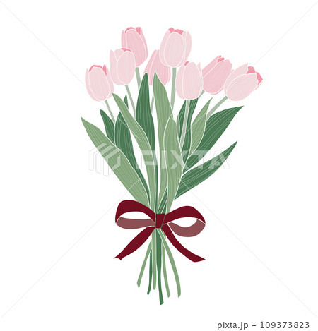 春の花のイラスト。バレンタインデー、誕生日、母の日に使えるピンクのシンプルなチューリップの花束。 109373823