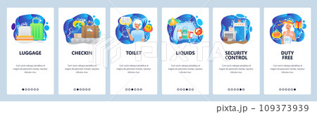 Airport terminal icons, baggage belt, liquids, security control, duty free. Mobile app onboarding screens. Menu vector banner template for website and mobile development. Web site design illustration 109373939