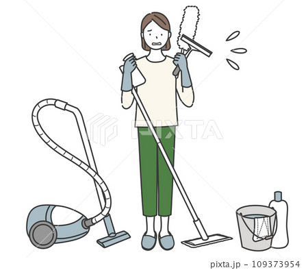 たくさんの掃除道具と困った顔の女性 109373954