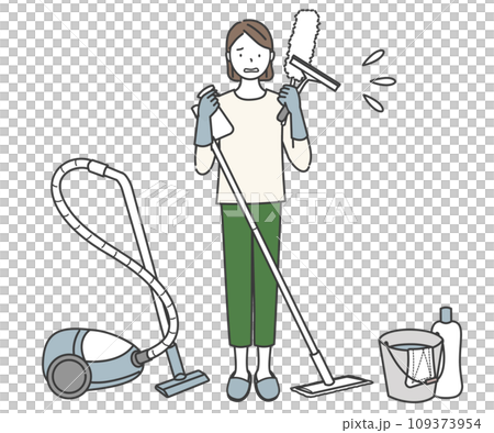 たくさんの掃除道具と困った顔の女性 109373954