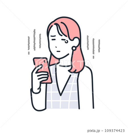 スマートフォンを見て泣くおしゃれな若い女性のシンプルなベクターイラスト素材 109374423