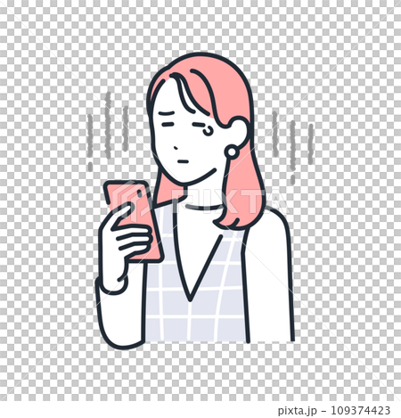スマートフォンを見て泣くおしゃれな若い女性のシンプルなベクターイラスト素材 109374423