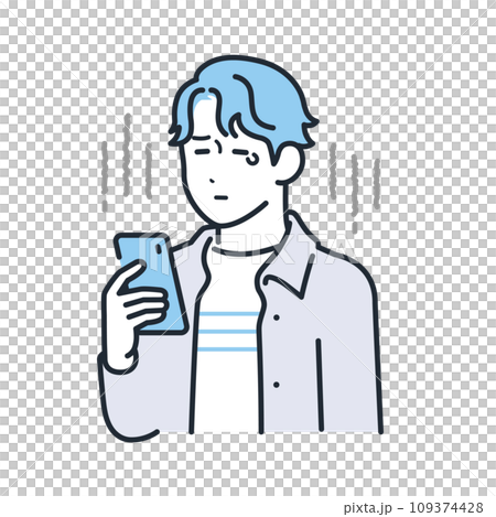 Simple vector illustration of a young man in casual clothes crying looking at his smartphone 109374428