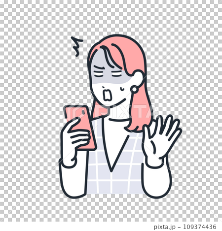 A simple vector illustration of a stylish young woman looking at her smartphone and being shocked 109374436
