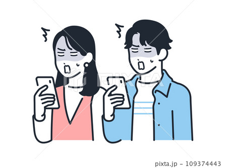スマートフォンを見てショックを受ける若い男女のシンプルなベクターイラスト素材 109374443