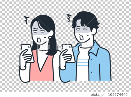 スマートフォンを見てショックを受ける若い男女のシンプルなベクターイラスト素材 109374443
