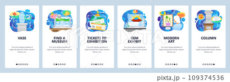 Modern art gallery and historical museum, jewelry exhibition. Mobile app onboarding screens. Menu vector banner template for website and mobile development. Web site design flat illustration 109374536