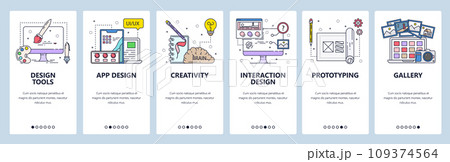 Creativity and design icons, drawing, painting, color palette, photo album, prototyping. Mobile app onboarding screens. Vector banner template for website and mobile development. Web site illustration 109374564