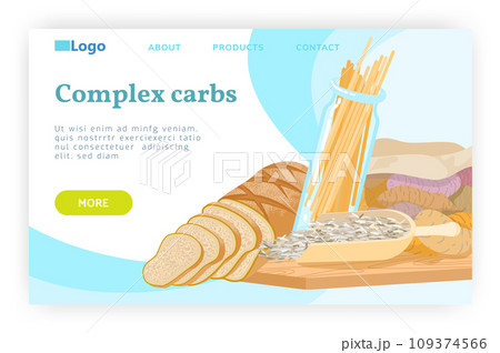 Carbohydrate food concept. Pasta, wheat bread, whole grain, seeds, potato, carbs diet. Vector web site design template. Landing page website concept illustration 109374566