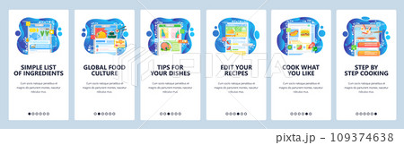 Cooking recipes online, step by step cook guide, world food cuisine, recipe book. Mobile app onboarding screens. Menu vector banner template for website mobile development. Web site illustration 109374638