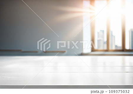 Empty wood tabletop or counter with display product. Blur image of blue sky and hill background. Display product background 109375032