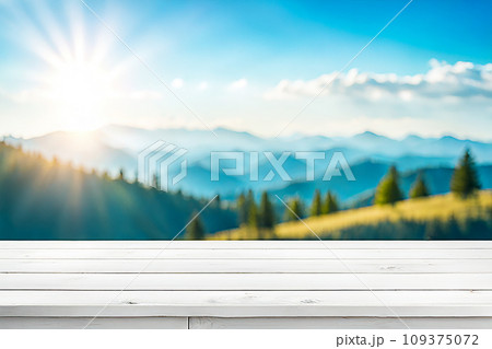Empty wood tabletop or counter with display product. Blur image of blue sky and hill background. Display product background 109375072