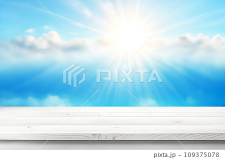 Empty wood tabletop or counter with display product. Blur image of blue sky and hill background. Display product background Empty wood tabletop or counter with display product. Blur image of blue sky and hill background. Display product background 109375078