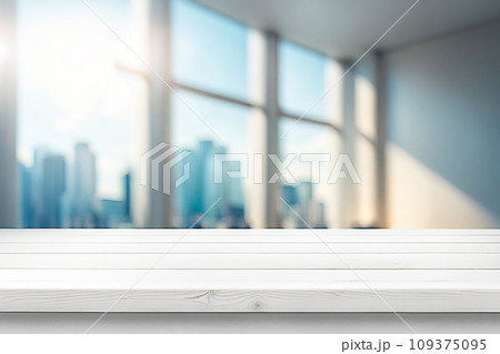 Empty wood tabletop or counter with display product. Blur image of blue sky and hill background. Display product background 109375095