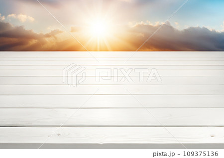 Empty wood tabletop or counter with display product. Blur image of blue sky and hill background. Display product background 109375136