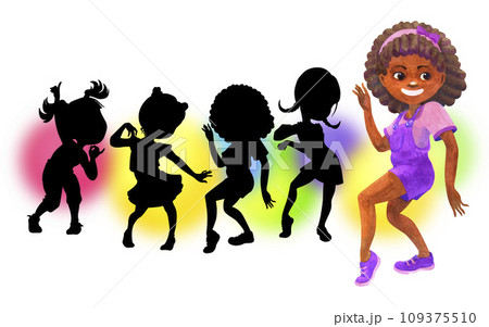 Afro american school-age girl dancing merrily. Find the shadow game. Clipart. Isolated watercolor illustration for design of cards, posters, t-shirt printing. 109375510