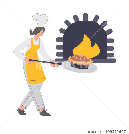 Bakery with Woman Baker Character in Uniform Put Pie in Stove Vector Illustration 109375667