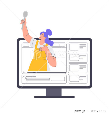 Bakery with Woman Baker Character at Video Web Platform Show Tutorial Vector Illustration Bakery with Woman Baker Character at Video Web Platform Show Tutorial Vector Illustration 109375680