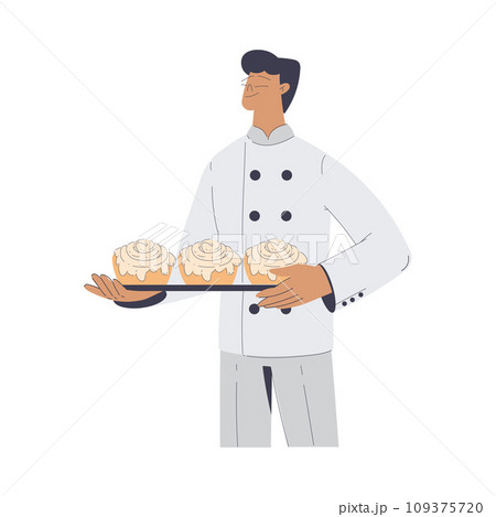 Bakery with Man Baker Character in Uniform Hold Tray with Buns Vector Illustration 109375720