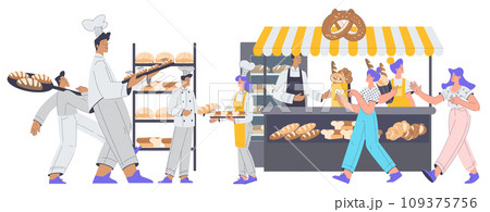 Bakery with People Baker Character in Uniform Baking and Sell Bread and Pastry Vector Illustration 109375756