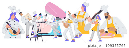 Bakery with People Baker Character in Uniform Baking Pastry Vector Illustration Bakery with People Baker Character in Uniform Baking Pastry Vector Illustration 109375765