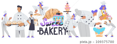Bakery with People Baker Character in Uniform Baking Pastry Vector Illustration Bakery with People Baker Character in Uniform Baking Pastry Vector Illustration 109375780
