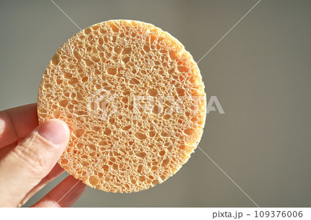 A large natural sponge in a womans hand. 109376006