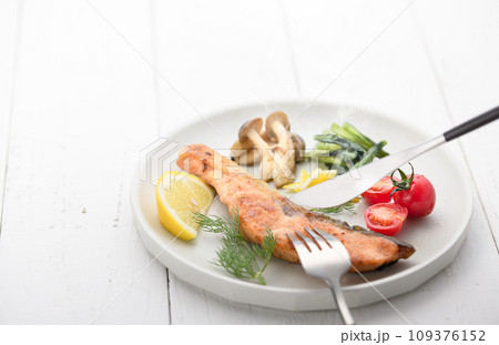 こんがり焼いた鮭のムニエル 109376152