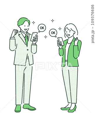 携帯を見て喜んでいるビジネスマンとビジネスウーマンの全身ベクターイラスト素材 109376686
