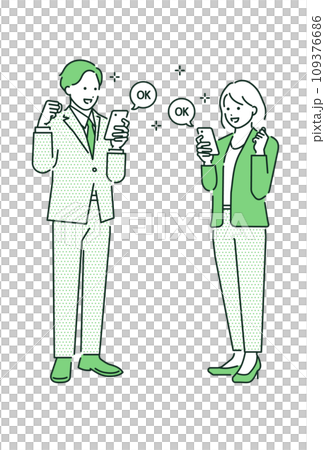 携帯を見て喜んでいるビジネスマンとビジネスウーマンの全身ベクターイラスト素材 109376686